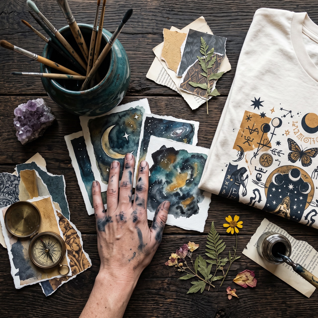 Artist creating original collage artwork in the studio