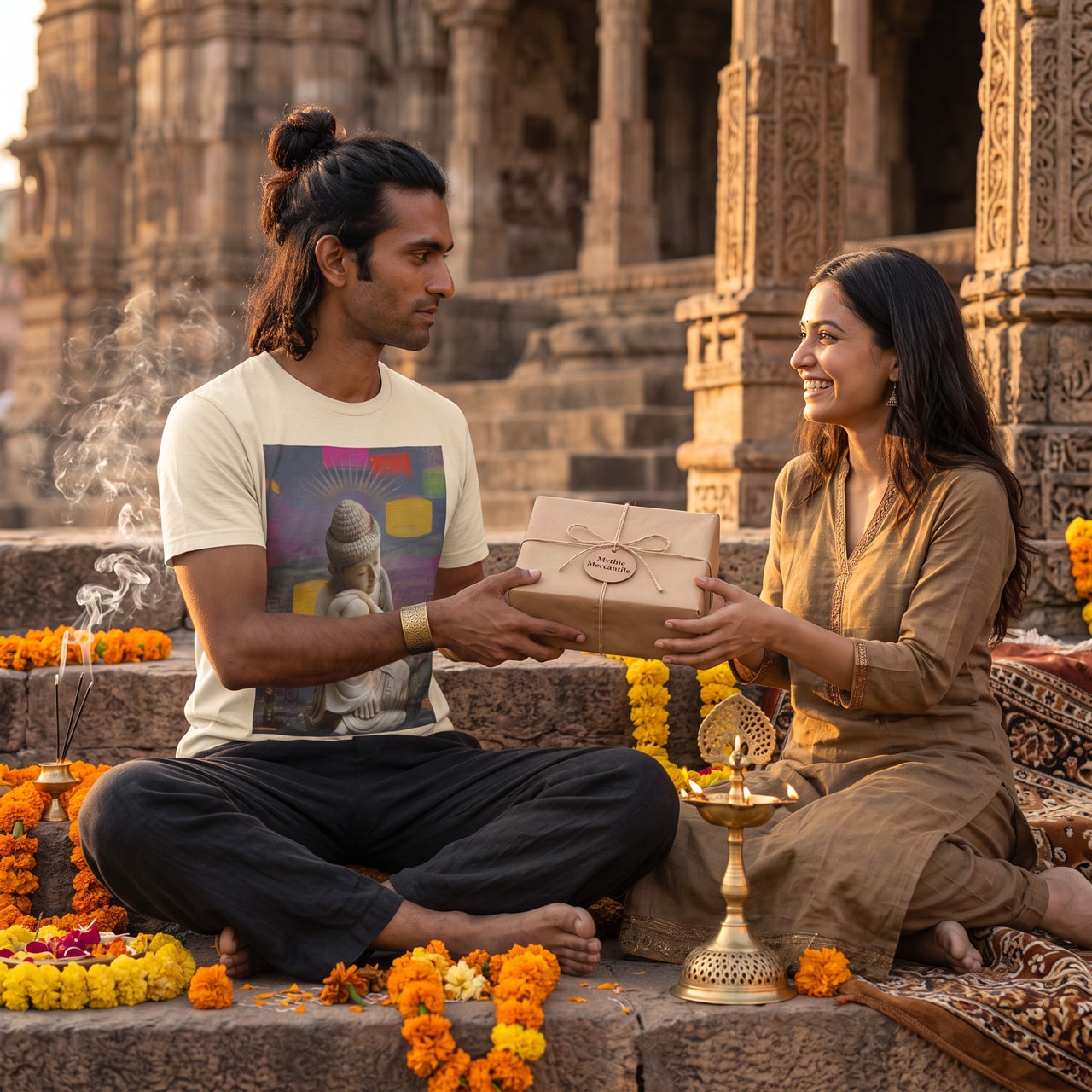 Two people exchanging a meaningful gift at a sunlit temple courtyard surrounded by marigolds